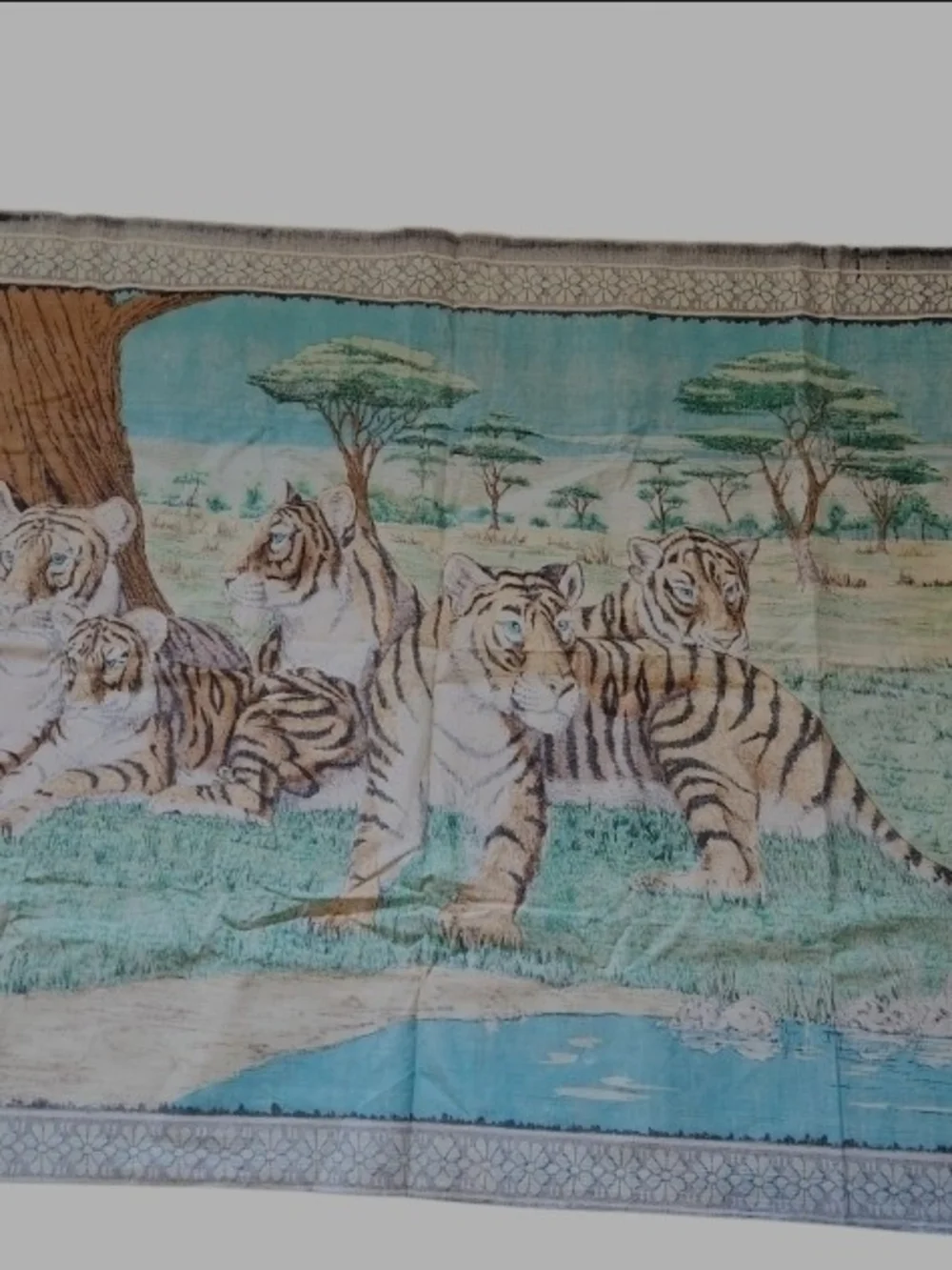 Vintage 1970s Asian Tiger Family Wall Tapestry Rug - Retro Boho Decor -53”x36”